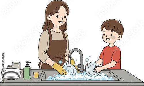 Cartoon vector illustration of mother and son washing dishes together at kitchen sink, family teamwork, house chores, cleanliness and responsibility concept.
