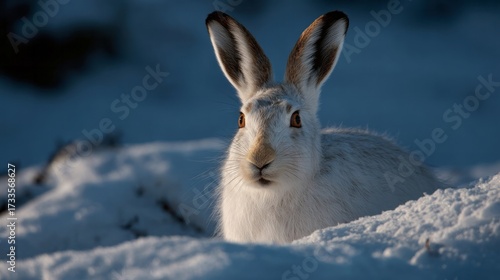 Winsome winter hare nestled in moonlit snowdrifts, evoking Imbolc serenity and the quietude of Tuvan storytelling