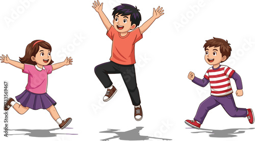 Cartoon vector illustration of happy children playing together outdoors, jumping and running with joy, friendship, fun and childhood activity concept.