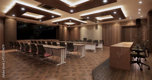 Obraz na plátně Modern conference room interior with wooden wall panels, ceiling lights, and presentation setup