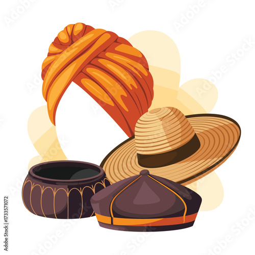 Assortment of headwear including turban, sombrero, and cap on white background hats