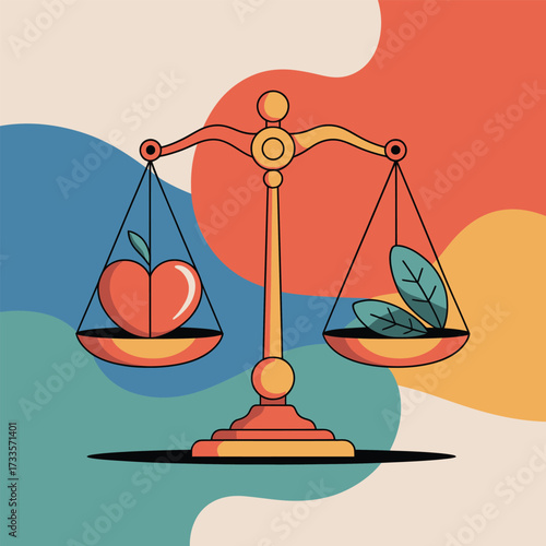 Balance Scales Weighing Apple Heart Against Green Leaves equilibrium health