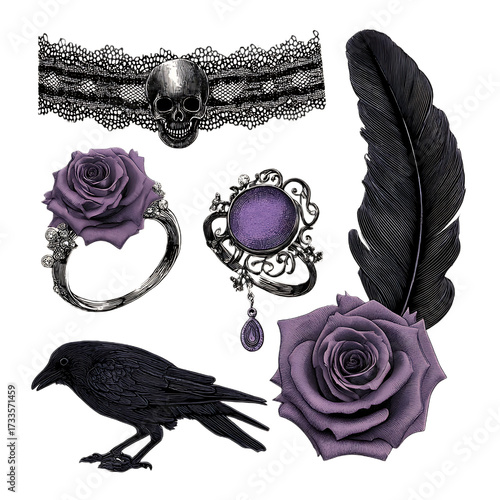 Bundle Of Isolated Halloween Clipart Illustrations Of Gothic Accessories: A Black Lace Choker With A Skull Charm, A Witch’S Spell Ring Glowing Purple, A Dark Rose Hairpin, And A Raven Feather Broo