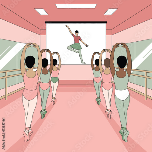 Ballet students in a studio watching their instructor perform a dance move on screen