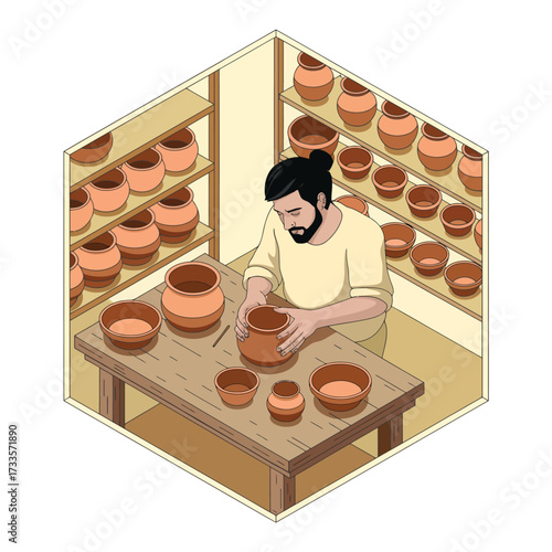 Bearded man with bun crafting clay pot on wooden table in pottery workshop craftsman