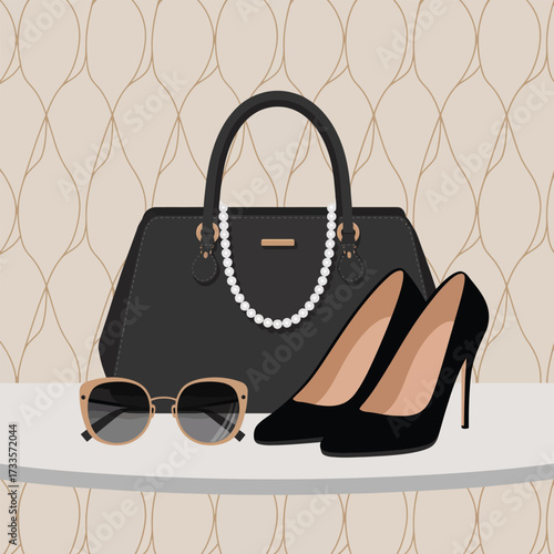 Black Handbag Pearl Necklace Black High Heels and Sunglasses on Table purse fashion