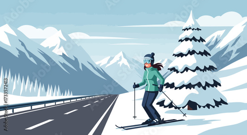 Winter sports scene showing a woman skiing near a mountain road in a snowy landscape