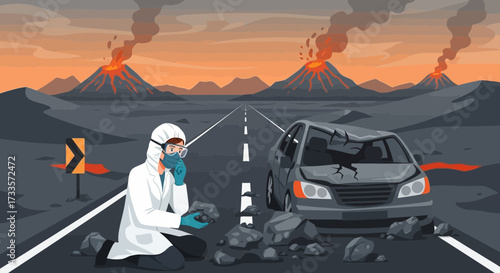 Volcanic aftermath scene featuring scientist examining rocks near damaged vehicle