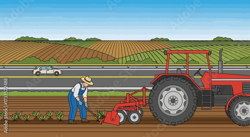 Agricultural Harmony: Farmer, Tractor, and Fields by the Roadside Illustration