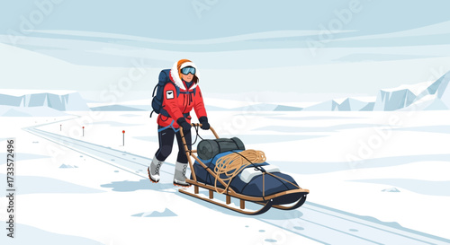 Winter expedition: female explorer pulling sled through icy landscape in polar journey