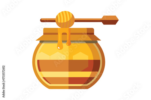 A jar of honey with a wooden stick in it