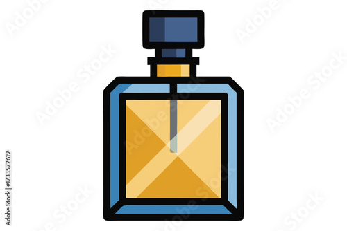A bottle of perfume with a blue top and a yellow base