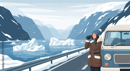 Capturing the Arctic Beauty: A Traveler's Moment in a Winter Wonderland
