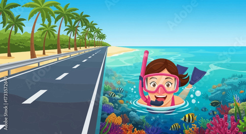 Paradisiacal Divergence: A Cartoon Journey Where the Road Meets the Reef