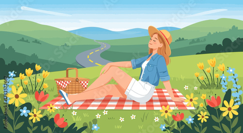Serene picnic scene: Woman relaxing amidst a vibrant meadow on a sunny day