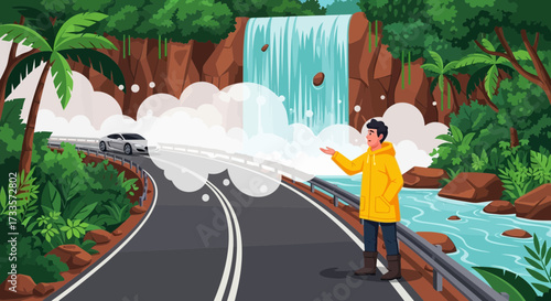 Tropical road trip adventure: Journey through lush landscapes and misty waterfalls