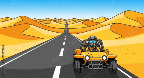 Adventure Awaits: Driving a Dune Buggy Through a Cartoon Desert Landscape