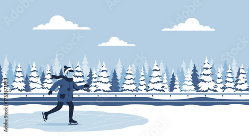 Joyful ice skating in a serene winter wonderland with snow covered evergreens