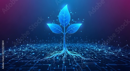Digital plant and glowing network data connection. Smart agriculture and futuristic technology. Blue illuminated seedling with electric roots growing from a circuit board grid.