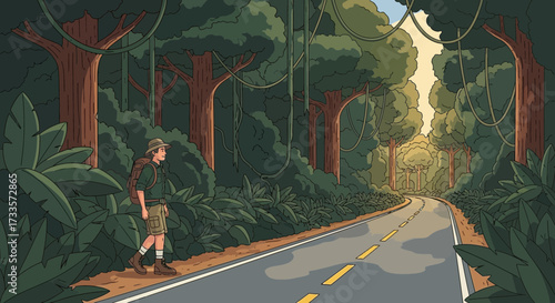 Cartoon illustration of a man walking along a road through a dense jungle