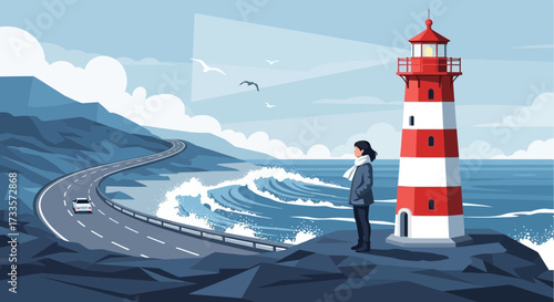 Seaside Contemplation: A Woman Gazing at the Lighthouse on a Coastal Road