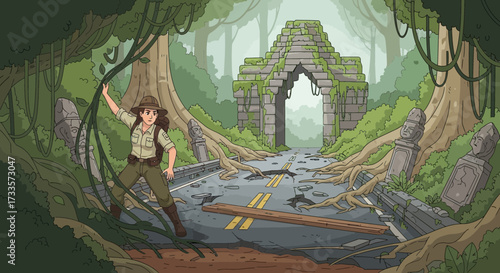 Adventurous Explorer Discovering Ancient Ruins Enshrouded by Jungle Vegetation