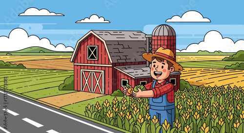 Cartoon farmer on a vibrant farmland scenery holding freshly harvested produce