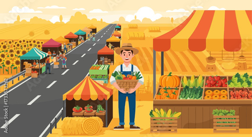 Vibrant rural marketplace with vendors and farmer showcasing local produce