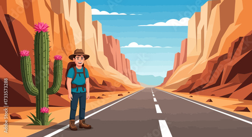 Cartoon hiker stands beside a flowering cactus in a desert canyon landscape