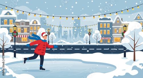 Festive winter skating scene in a charming town, illuminated by holiday lights