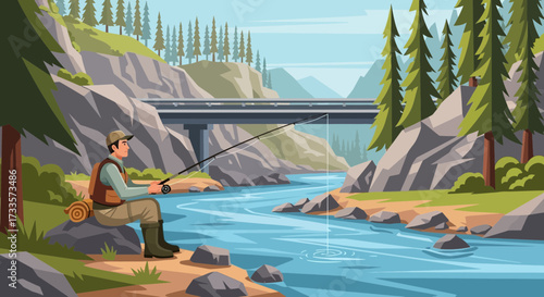 Angler's Paradise: A Scenic Depiction of Solitary Fishing in a Mountain Stream