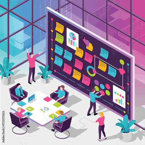 Business team using a large interactive whiteboard with sticky notes for project planning