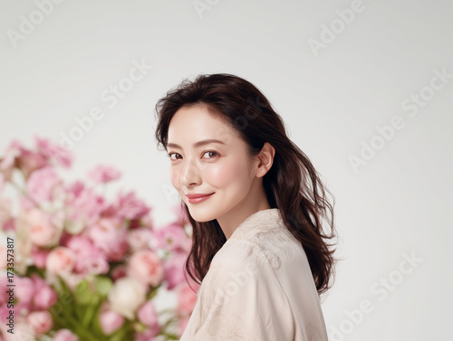 スキンケアをしている美しく透明感のある女性