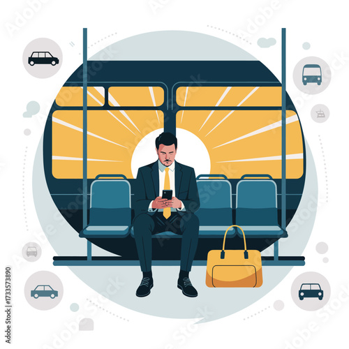 Businessman on train using phone with transportation icons and sunrise commute travel