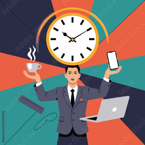 Businessman juggling coffee laptop phone and clock in stylized abstract background
