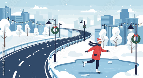 Ice skating on a frozen pond in the winter urban landscape, snow covered city