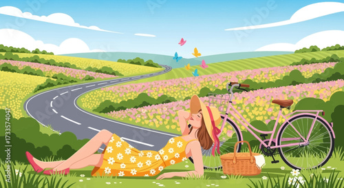 A serene vector illustration featuring a woman relaxing in a vibrant meadow by a country road