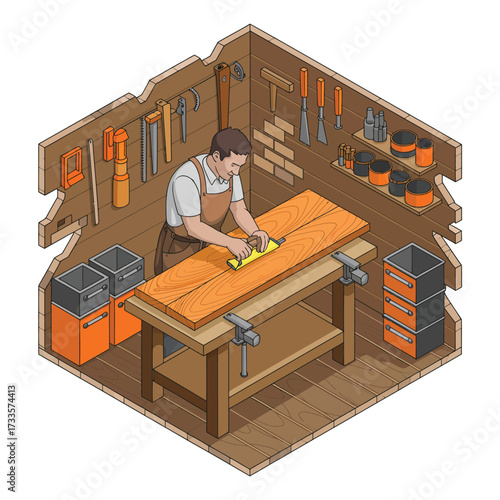 Carpenter planing wood on a workbench in a rustic workshop isometric view woodworking