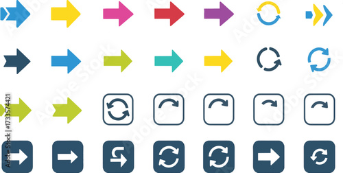 A collection of diverse arrow and circular refresh icons in various colors and styles, representing direction, movement, and renewal.