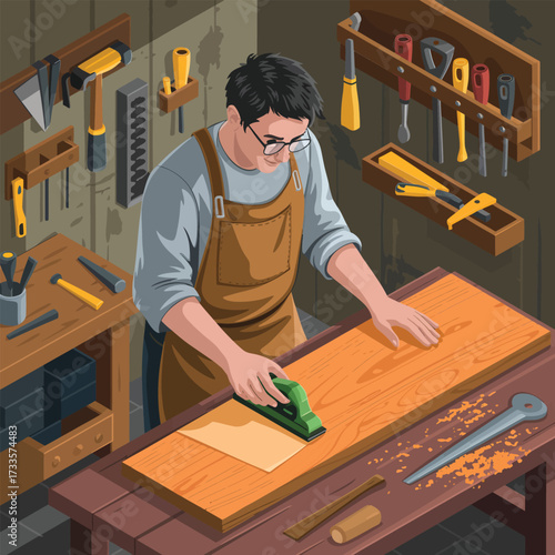 Carpenter sanding a wooden plank in a workshop with tools on the wall woodworking