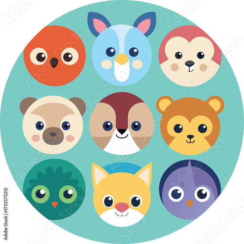 Collection of nine adorable and colorful cartoon animal faces including a bird dog monkey squirrel cat and other cute creatures arranged in a circular pattern on a teal background