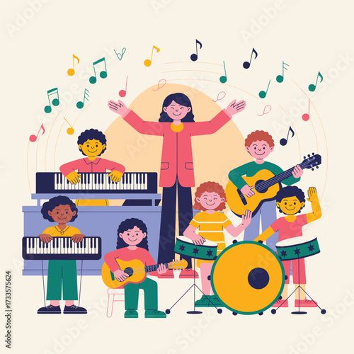 Children's Music Class with Teacher and Various Instruments Keywords: children, music, class, teacher, instruments, piano, guitar, drums, band