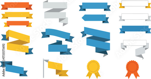 A collection of colorful and modern flat design ribbons and award seals in various shapes and styles.