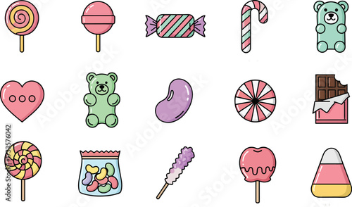 A vibrant collection of colorful, flat-designed candy illustrations, featuring lollipops, gummy bears, candy canes, chocolate bars, and other sweet treats.
