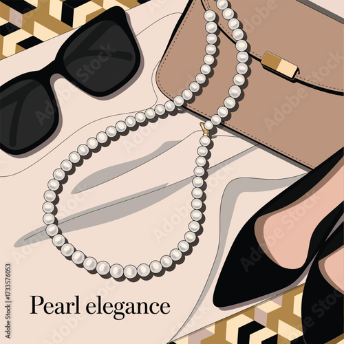 Close Up of Fashion Accessories Including Sunglasses Pearl Necklace and Black Heels