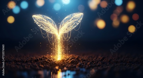 Digital innovation in sustainable agriculture and farming. Future biotech development and technology. Glowing circuit-patterned seedling growing from dark connected soil