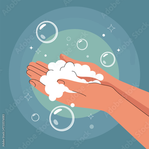 Close-up of hands covered in soap bubbles with sparkling stars and circles washing
