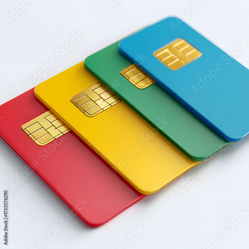 Colorful sim cards arranged in a row on a white background