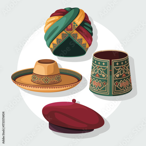 Collection of diverse headwear including turban, sombrero, beret, and vest-like hat