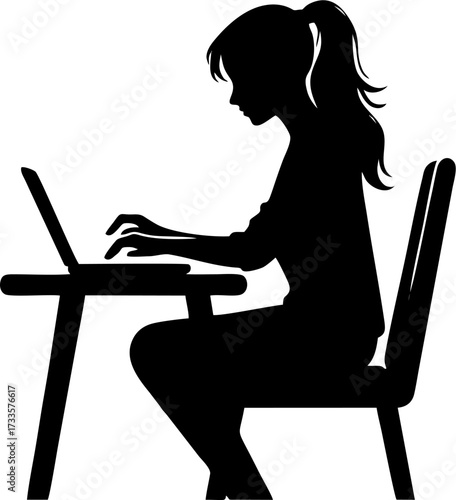 Woman Working on Laptop at Home Desk – Silhouette Remote Work Concept